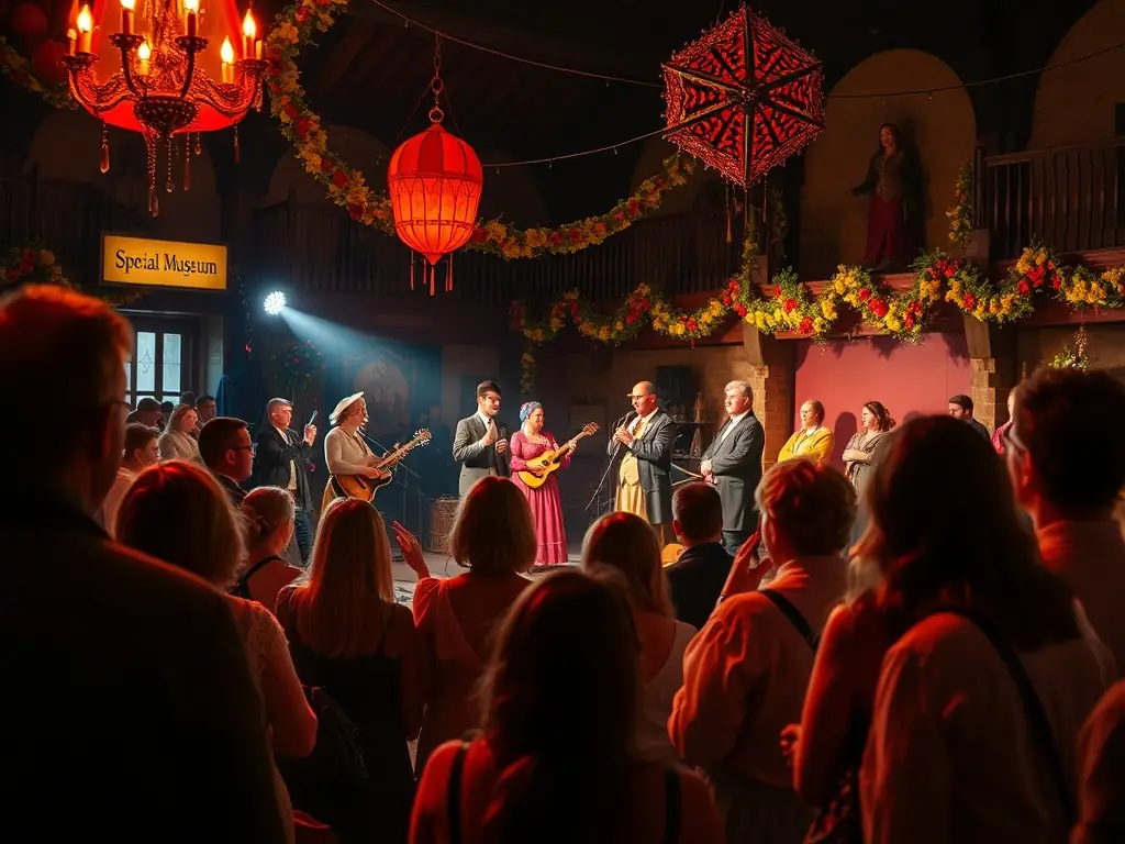 A vibrant scene from a special event at the Protestant Museum of La Rochelle, featuring live music, historical reenactments, and engaging activities for visitors.