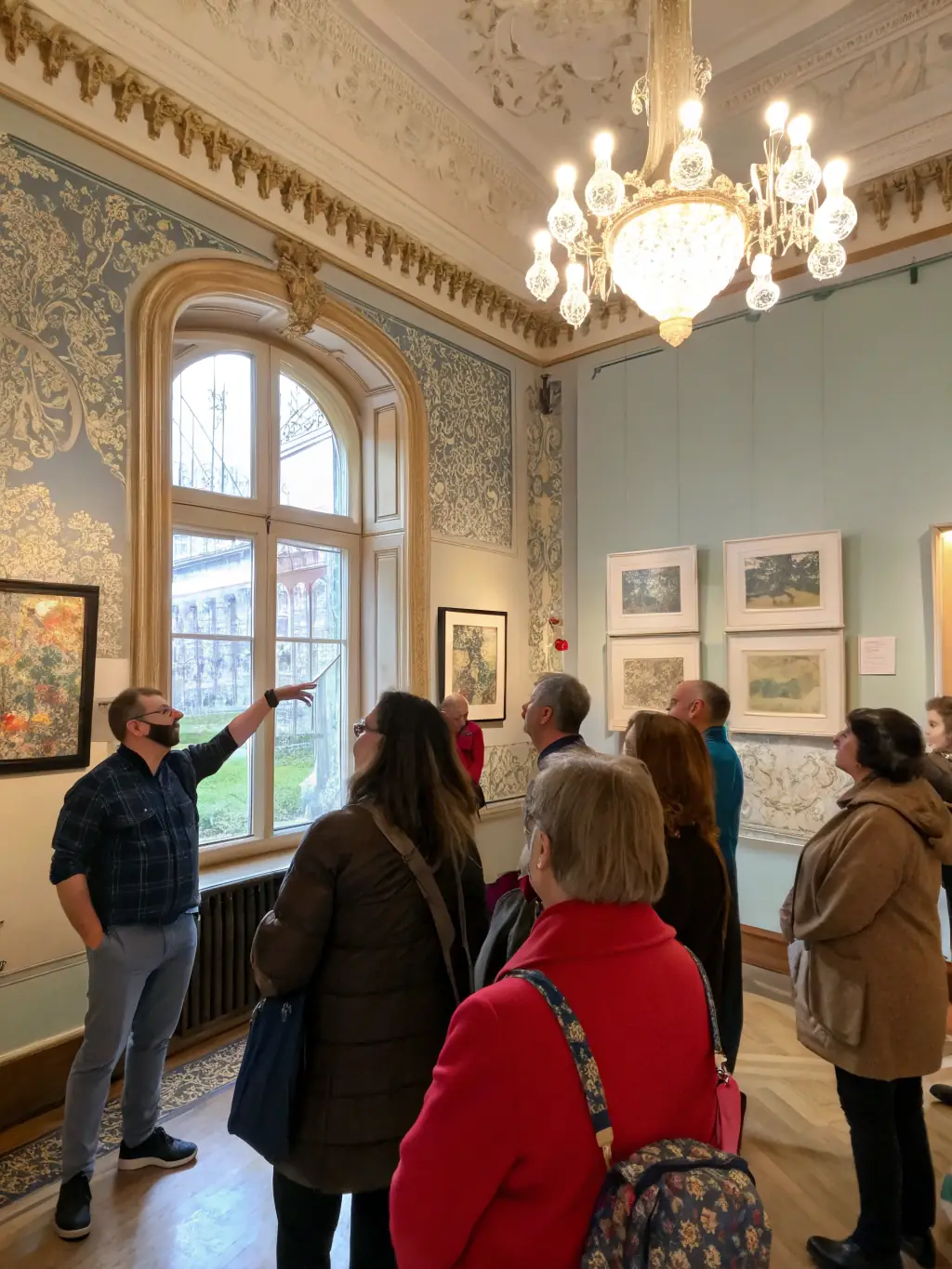A photograph of a guided tour group inside the Protestant Museum of La Rochelle, listening to a guide explain the significance of a historical document.
