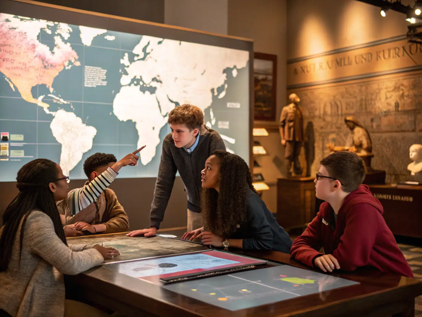 A group of students participating in an interactive workshop at the Protestant Museum of La Rochelle, learning about historical artifacts and documents.